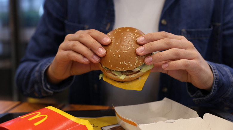 Person holding a McDonald's Big Mac with both hands, preparing to take a bite.