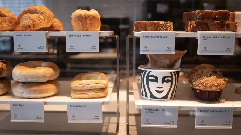 Pastries in a display case inside a Starbucks.