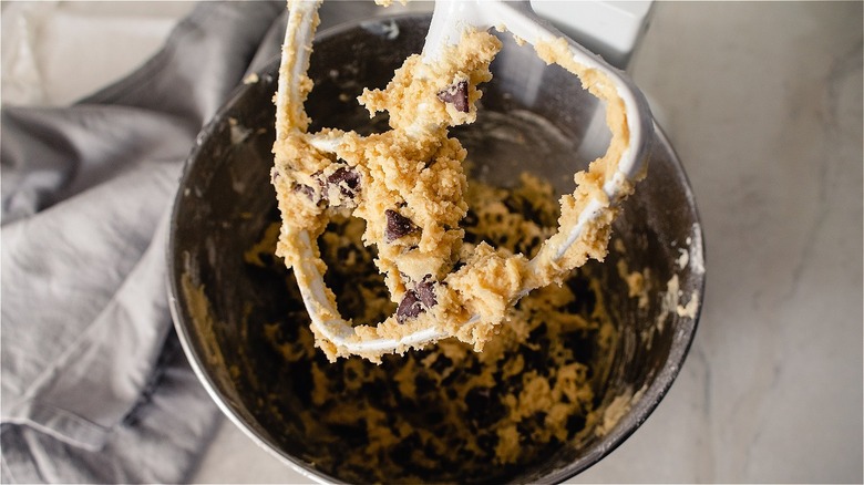 chocolate chip cookie dough in stand mixer