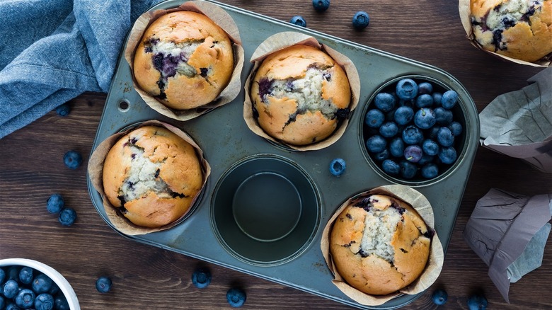blueberry muffins in a pan