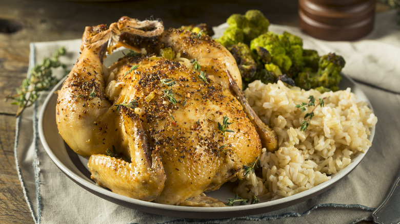 herby cornish game hens, rice, and vegetables 