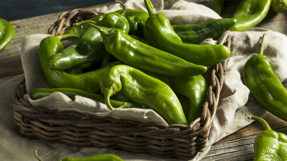 Hatch green chiles in a basket 