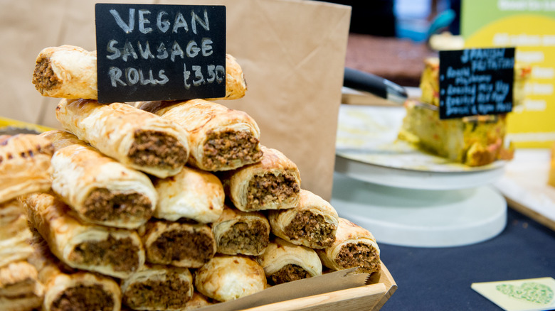 Vegan sausage rolls stacked