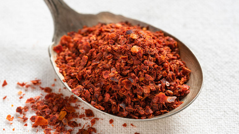 Aleppo pepper flakes on wooden spoon