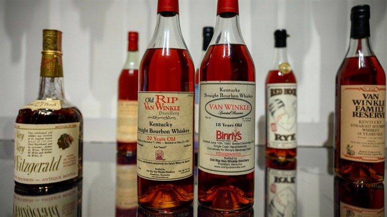 A selection of rare whiskeys and bourbons, including bottles of Old Rip Van Winkle.