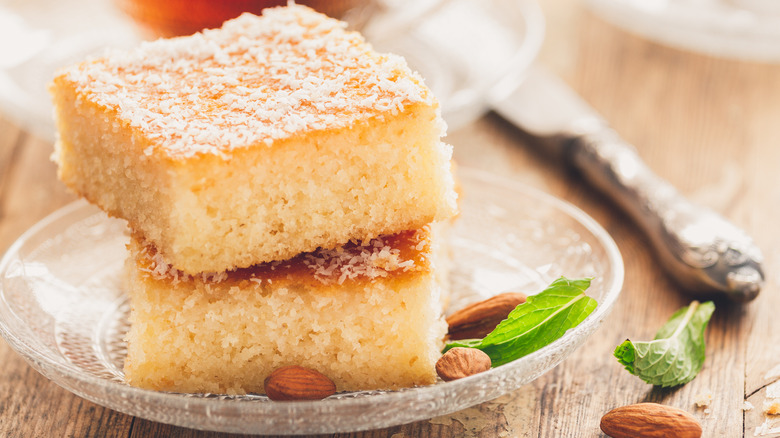 Homemade basbousa on a plate