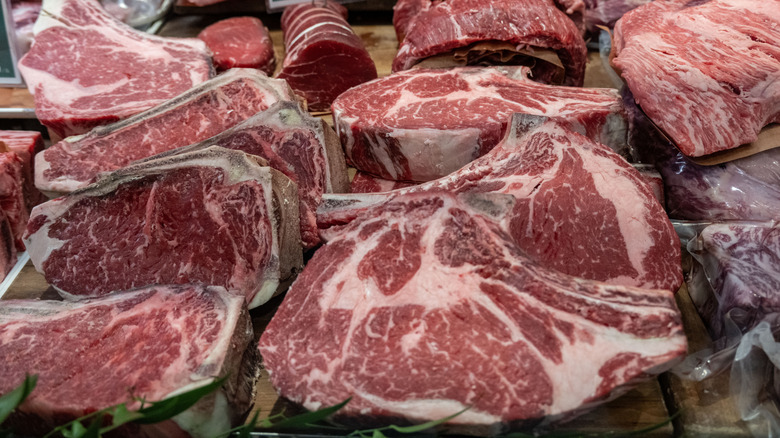 Various cuts of steak at store