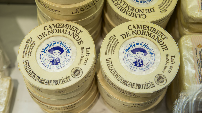 Beige rounds of Camembert cheese 