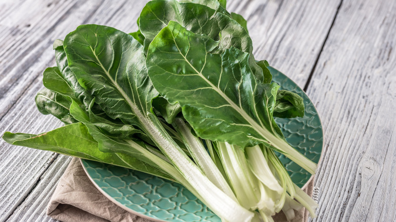 Organic chard on a green plate