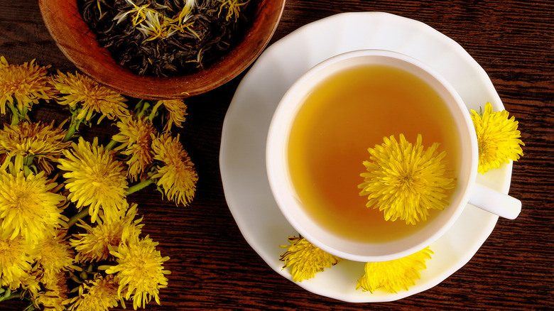 Dandelion tea in white teacup