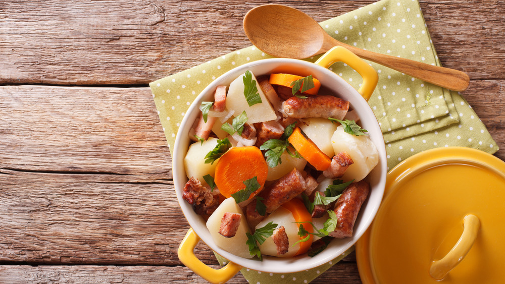 Bowl of Dublin coddle with spoon