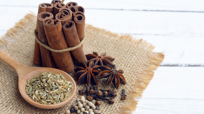 Ingredients for five-spice powder on burlap cloth