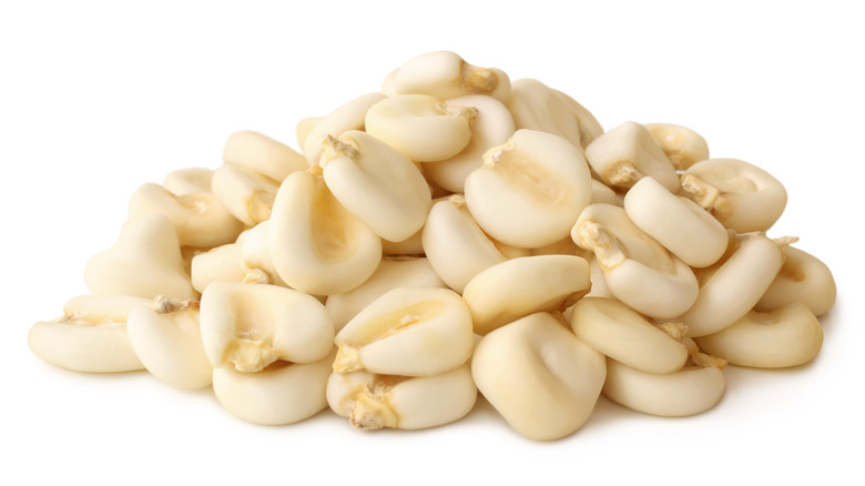 Dried hominy against white background