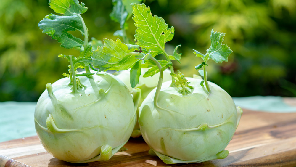 Green kohlrabi on a cutting board