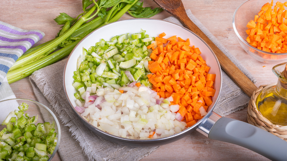 Mirepoix in a pan ready to cook