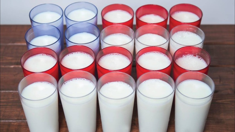 Glasses of milk in different colors
