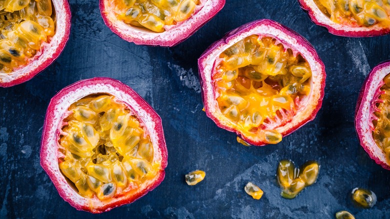 cut passionfruit  on blue background