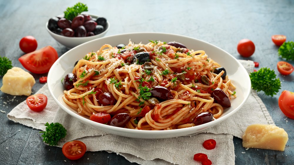 Pasta Puttanesca in a bowl