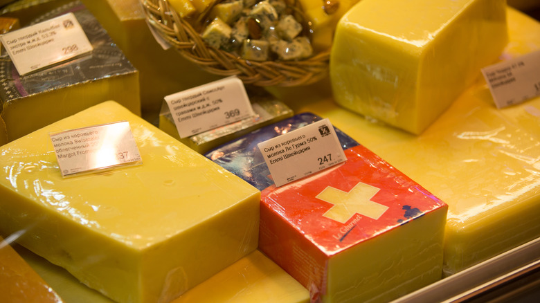 Assorted Swiss cheeses wrapped in plastic