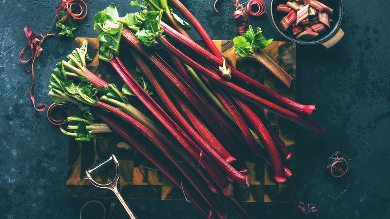 Rhubarb stalks on a black background