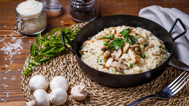 Mushroom risotto on a woven placemat