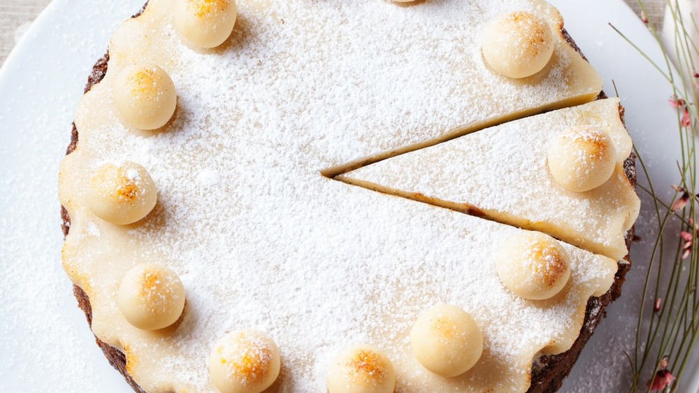 Simnel cake on white plate