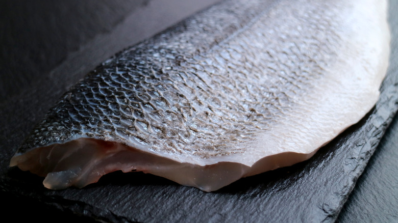 Raw striped bass fillet with skin