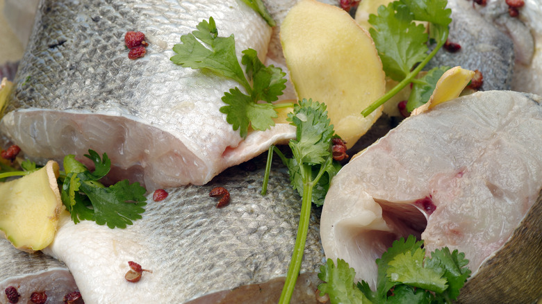 Raw striped bass steaks with lemon and parsley