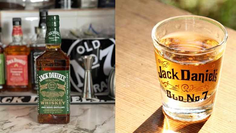 Jack Daniel's Green Label whiskey and Jack Daniel's shot glass.