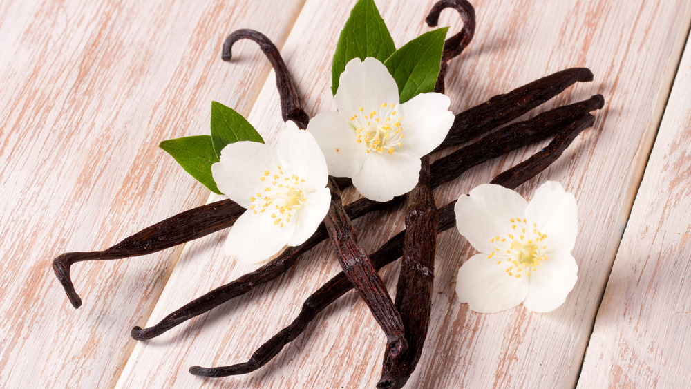 Vanilla bean with white flowers