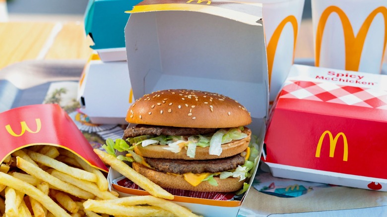 Big Mac in box along with fries and chicken sandwich on a tray