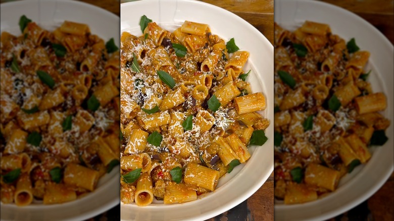 Pasta alla Norma in white bowl