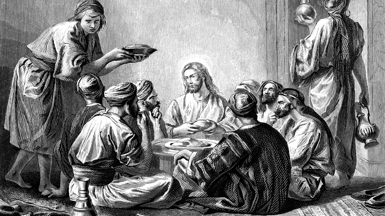 Artist depiction of Jesus and other men sitting at table eating