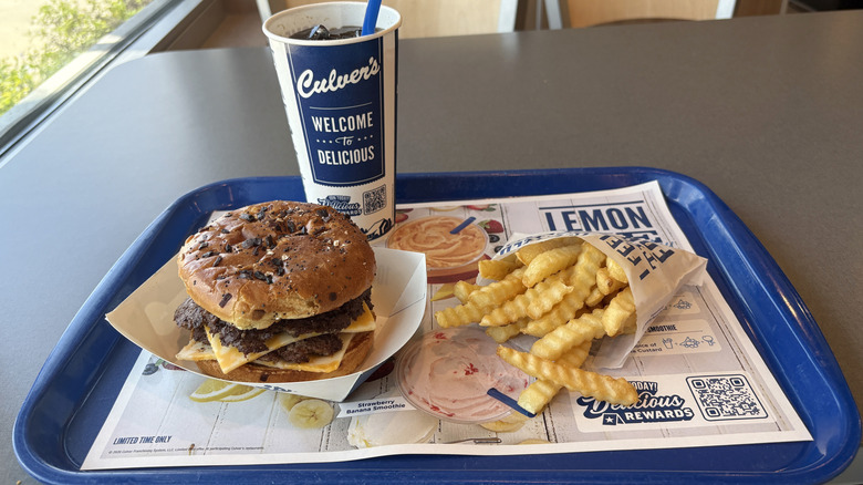 Culver's burger, fries, and drink