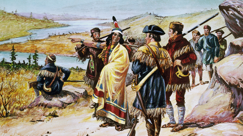 Painting of Lewis and Clark's party speaking with Native American