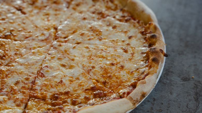 Whole cheese pizza on a tray
