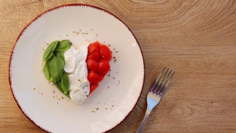 Italian flag caprese salad shaped like heart