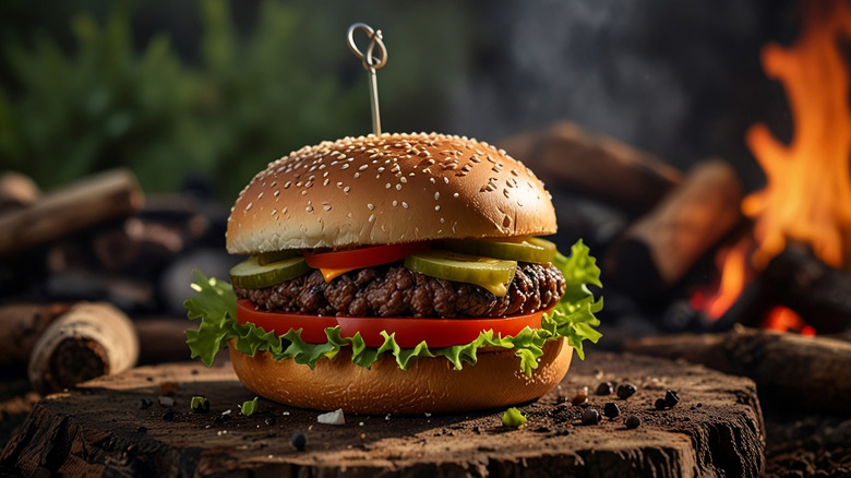 Hamburger on stump in front of fire