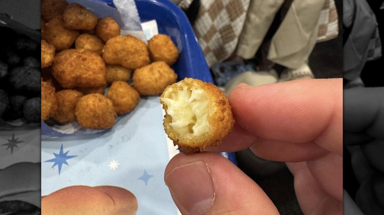 A hand holding up a half-eaten Culver's cheese curd close to the camera