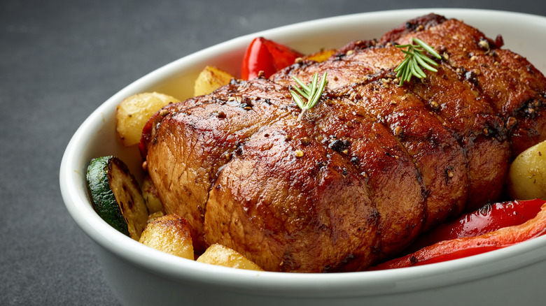 Close-up of pot roast in a white bowl