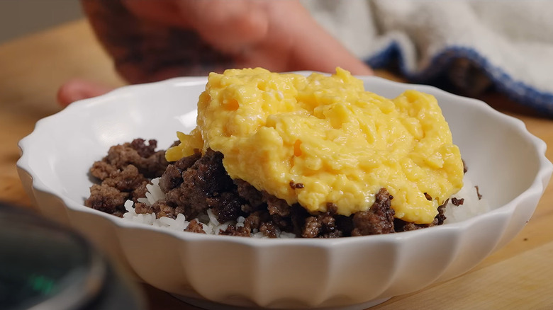 Matty Matheson's dog bowl, a beef rice bowl with scrambled eggs