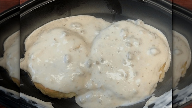 McDonald's biscuits and gravy in plastic container.