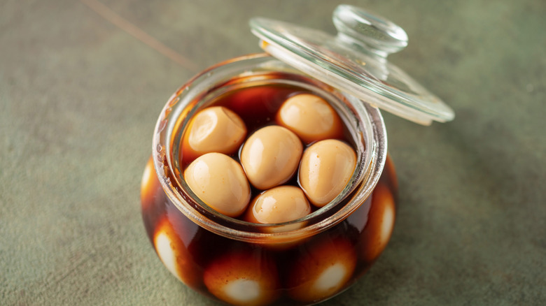 glass jar of pickled eggs