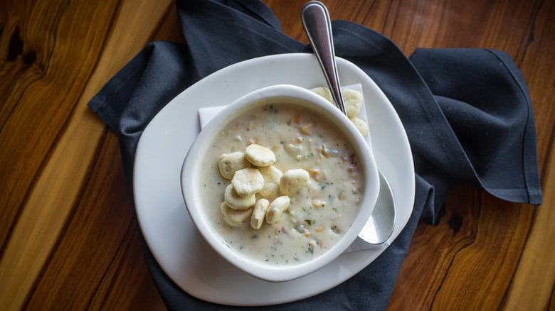 Oyster crackers in clam chowder