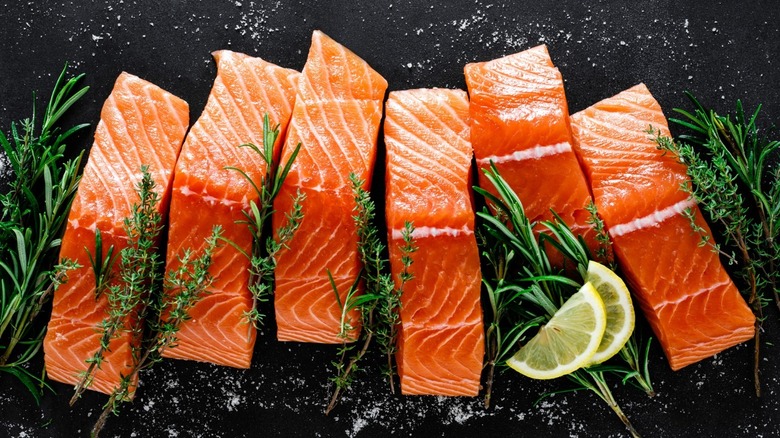 fresh salmon steaks at grocery store 