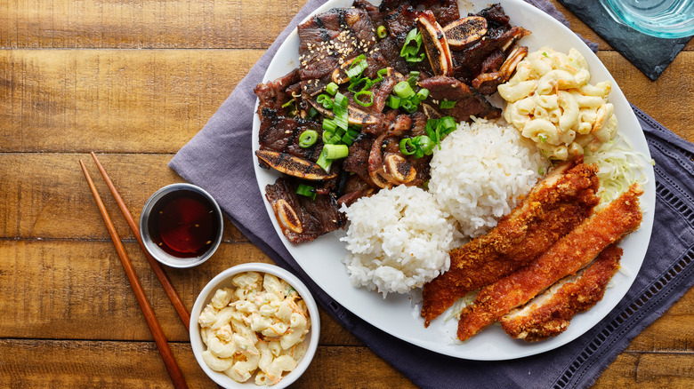 Hawaiian Mac salad with rice and chicken katsu