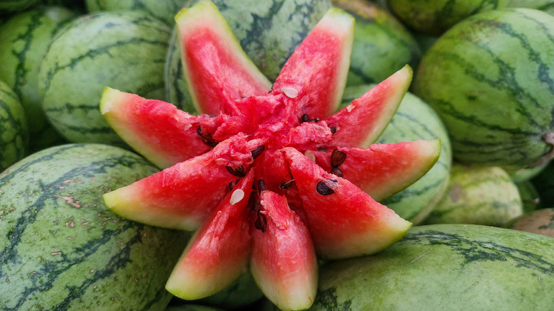 Watermelon slices in the shape of a star on top of whole watermelons