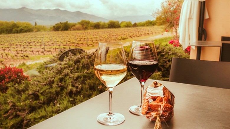 Two glasses of red and white wine served at a California vineyard.