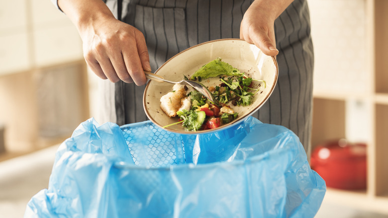 Hands scraping leftover food into bin