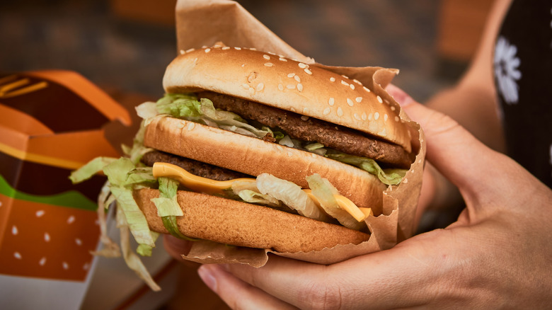 Hands holding a McDonald's Big Mac burger